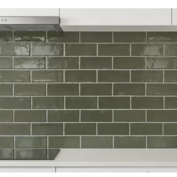 Glossy green subway tile backsplash in rectangular shape, ideal for kitchens and bathrooms.