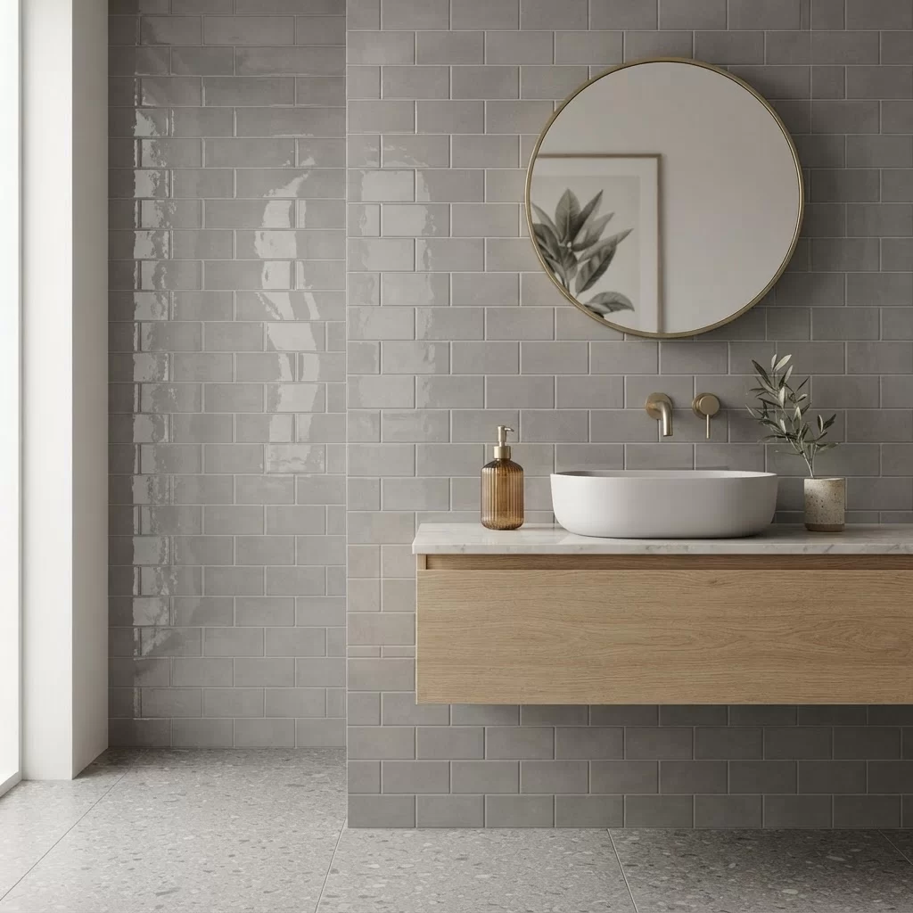 Glossy grey rectangular ceramic tile with a subway look, suitable for walls in kitchens and bathrooms.