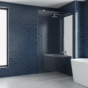 Glossy navy ceramic subway tile, 2.5x8 inches, ideal for kitchen and bathroom backsplashes.