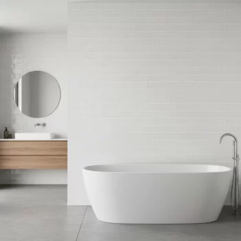 Small white glossy ceramic tile in a subway look, ideal for backsplashes and bathroom walls.