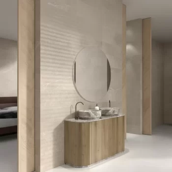 White matte porcelain tile with stone look, 24x48 inches, for modern bathroom design.