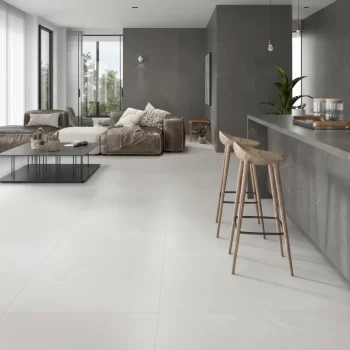 Stone look white matte porcelain tile, 48x48cm, ideal for floors and walls.
