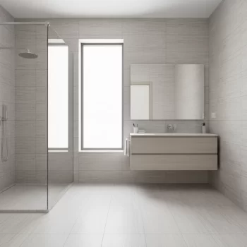 Grey soft textured porcelain tile with a travertine look, suitable for floors and walls.