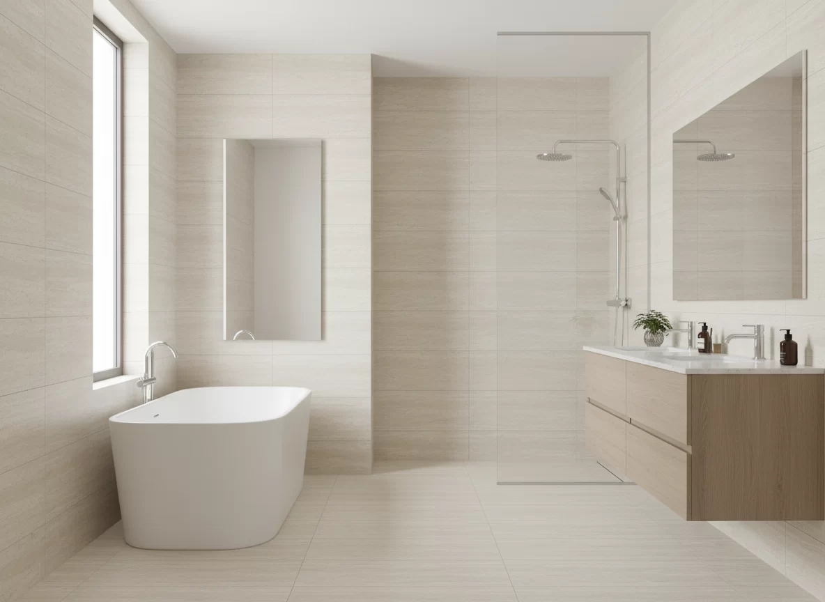 Light beige porcelain slab with a soft textured finish, mimicking travertine.