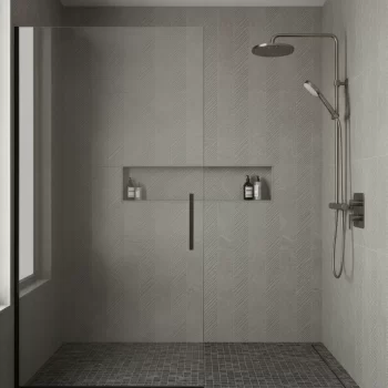Ductile Greige Leaf large format porcelain tile with soft textured finish and stone look.